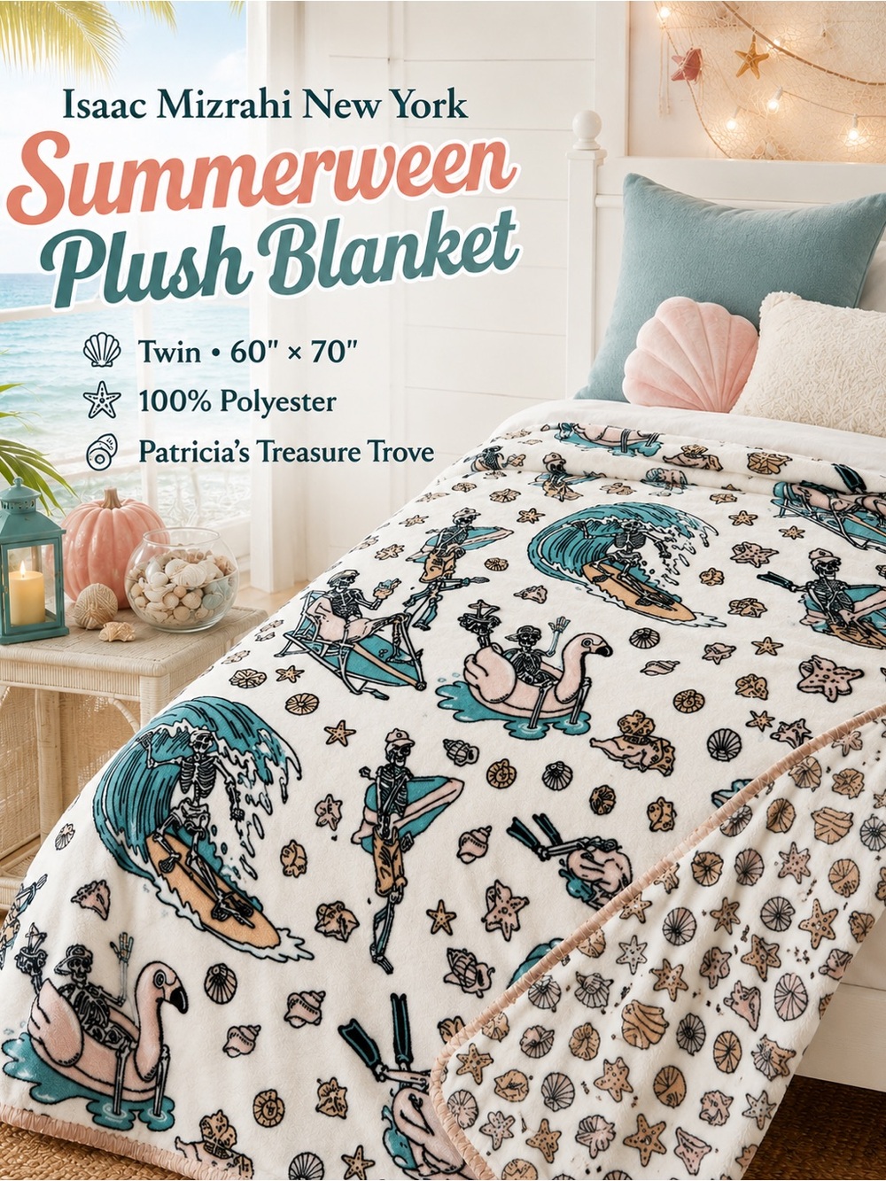 Isaac Mizrahi White Plush Blanket with Teal & Blush Summer Print